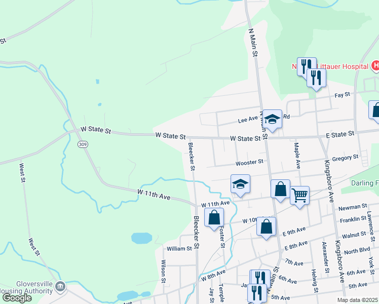 map of restaurants, bars, coffee shops, grocery stores, and more near 369 Bleecker Street in Gloversville