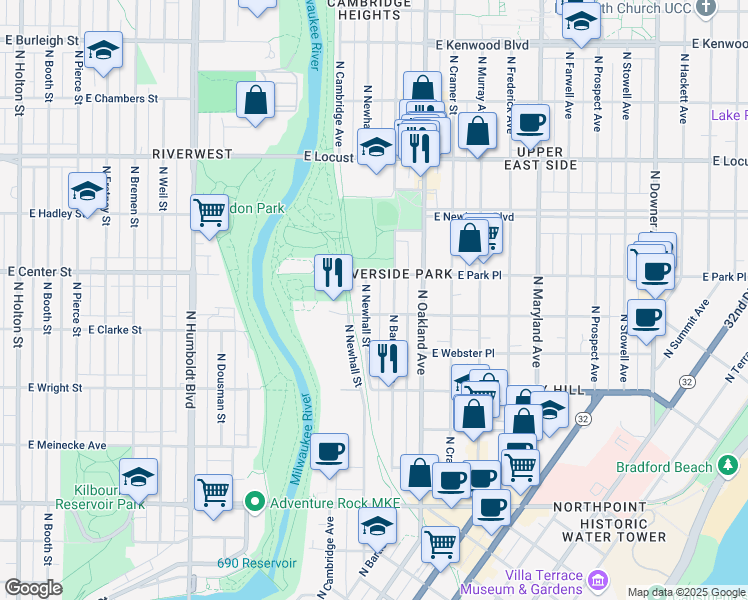 map of restaurants, bars, coffee shops, grocery stores, and more near 2613 North Bartlett Avenue in Milwaukee