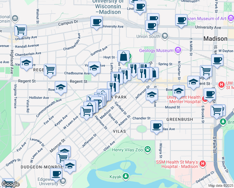 map of restaurants, bars, coffee shops, grocery stores, and more near 1625 Monroe Street in Madison