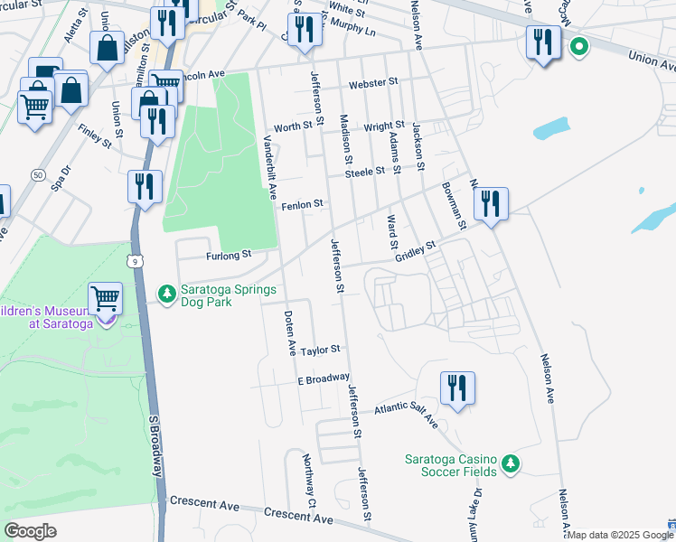 map of restaurants, bars, coffee shops, grocery stores, and more near 156 Jefferson Street in Saratoga Springs