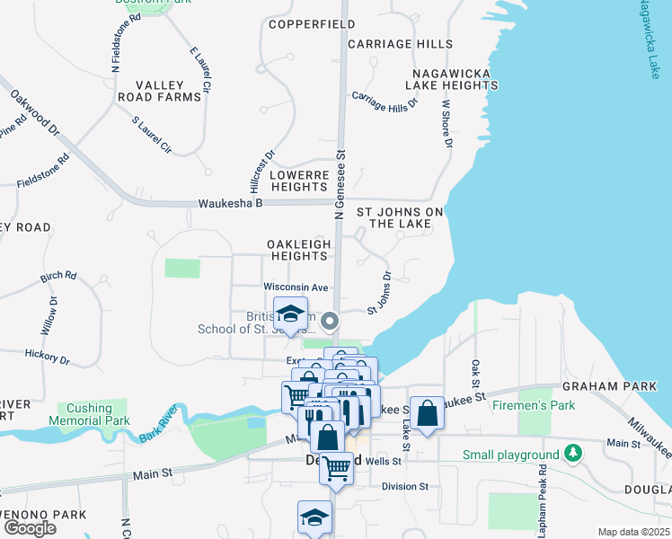 map of restaurants, bars, coffee shops, grocery stores, and more near 1325 North Genesee Street in Delafield