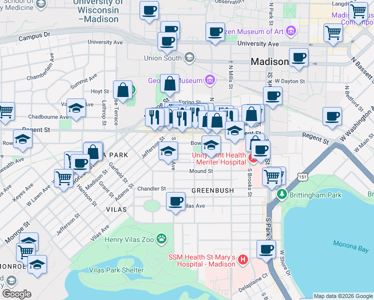 map of restaurants, bars, coffee shops, grocery stores, and more near 44 South Orchard Street in Madison