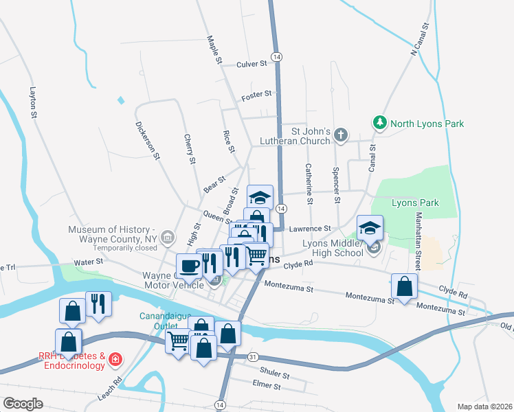map of restaurants, bars, coffee shops, grocery stores, and more near 104 William Street in Lyons