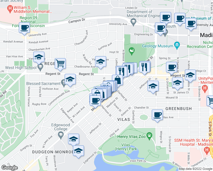 map of restaurants, bars, coffee shops, grocery stores, and more near 1718 Roberts Court in Madison