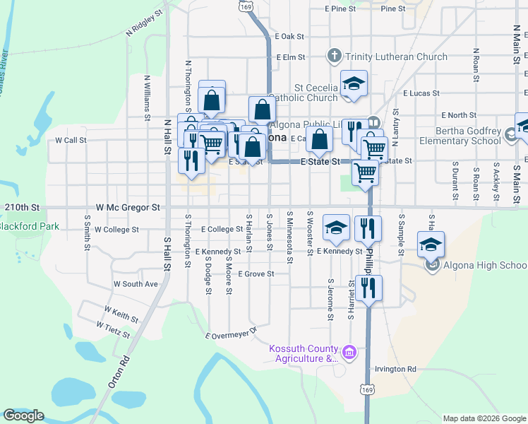 map of restaurants, bars, coffee shops, grocery stores, and more near 300 South Jones Street in Algona