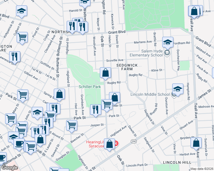 map of restaurants, bars, coffee shops, grocery stores, and more near 315 Helen Street in Syracuse