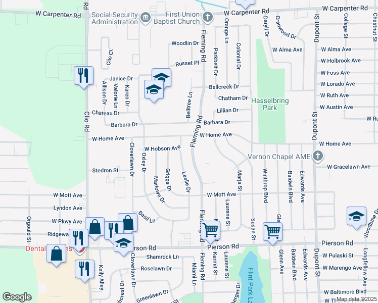 map of restaurants, bars, coffee shops, grocery stores, and more near 5907 Fleming Road in Flint