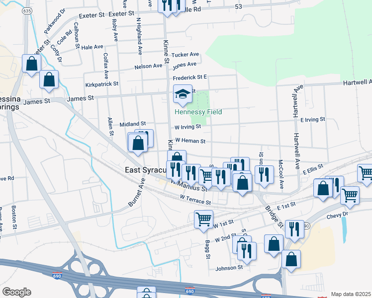 map of restaurants, bars, coffee shops, grocery stores, and more near 224 West Yates Street in East Syracuse