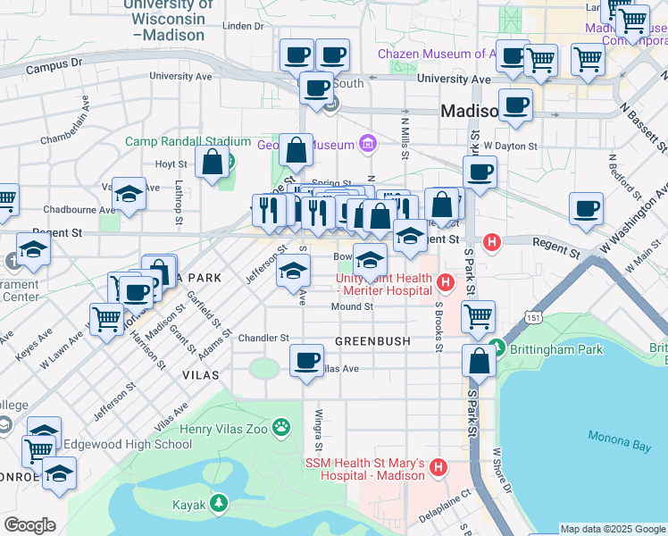 map of restaurants, bars, coffee shops, grocery stores, and more near 20 South Orchard Street in Madison