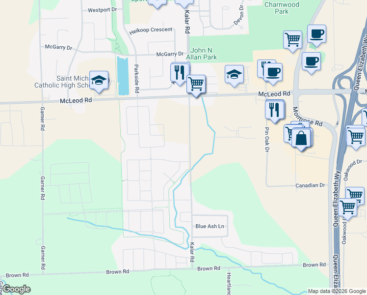 map of restaurants, bars, coffee shops, grocery stores, and more near 7549 Kalar Road in Niagara Falls