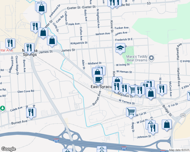 map of restaurants, bars, coffee shops, grocery stores, and more near 506 West Yates Street in East Syracuse