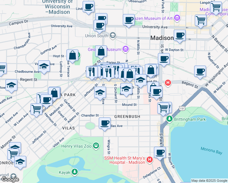 map of restaurants, bars, coffee shops, grocery stores, and more near 20 South Orchard Street in Madison