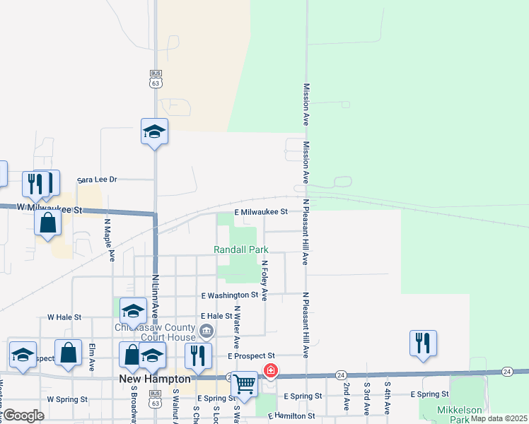map of restaurants, bars, coffee shops, grocery stores, and more near 301 East Milwaukee Street in New Hampton