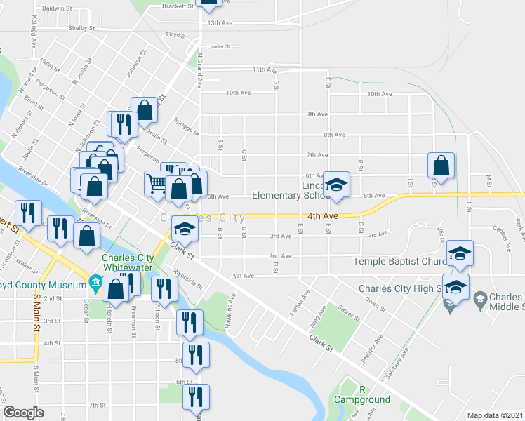 map of restaurants, bars, coffee shops, grocery stores, and more near 311 4th Avenue in Charles City