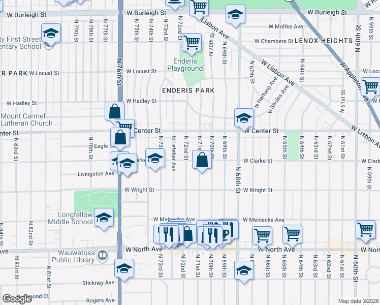 map of restaurants, bars, coffee shops, grocery stores, and more near 2609 North 72nd Street in Wauwatosa
