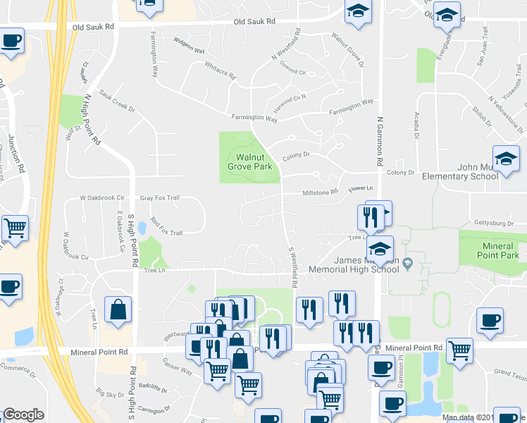 map of restaurants, bars, coffee shops, grocery stores, and more near 83 Oak Creek Trail in Madison