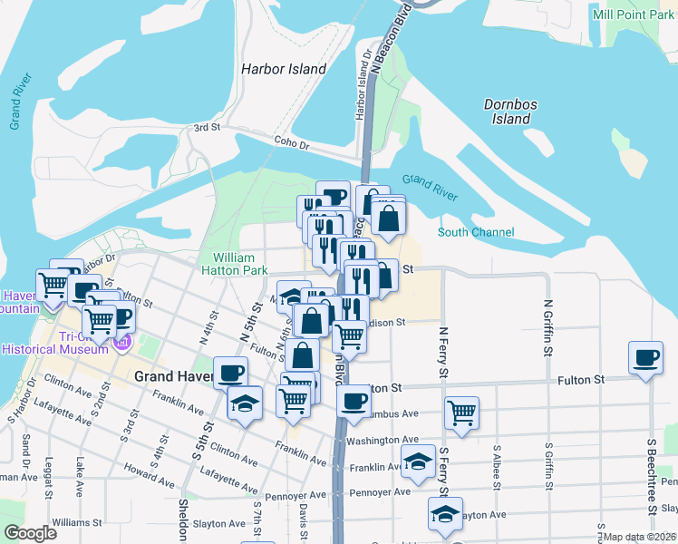 map of restaurants, bars, coffee shops, grocery stores, and more near Jackson Street in Grand Haven