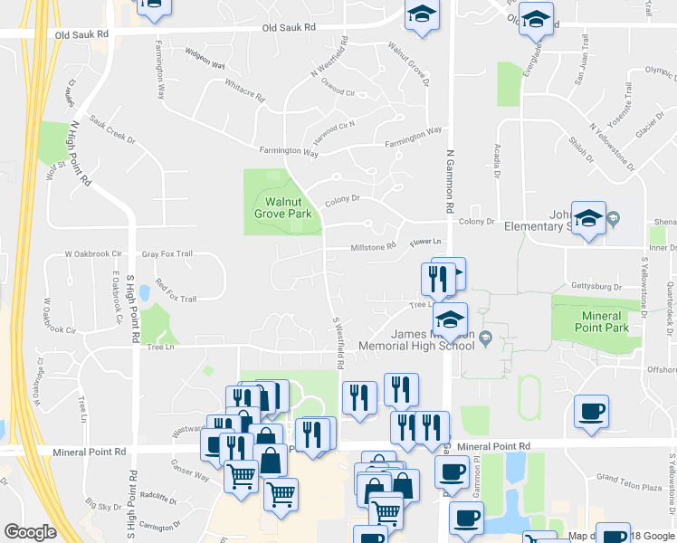 map of restaurants, bars, coffee shops, grocery stores, and more near 17 Gray Birch Trail in Madison