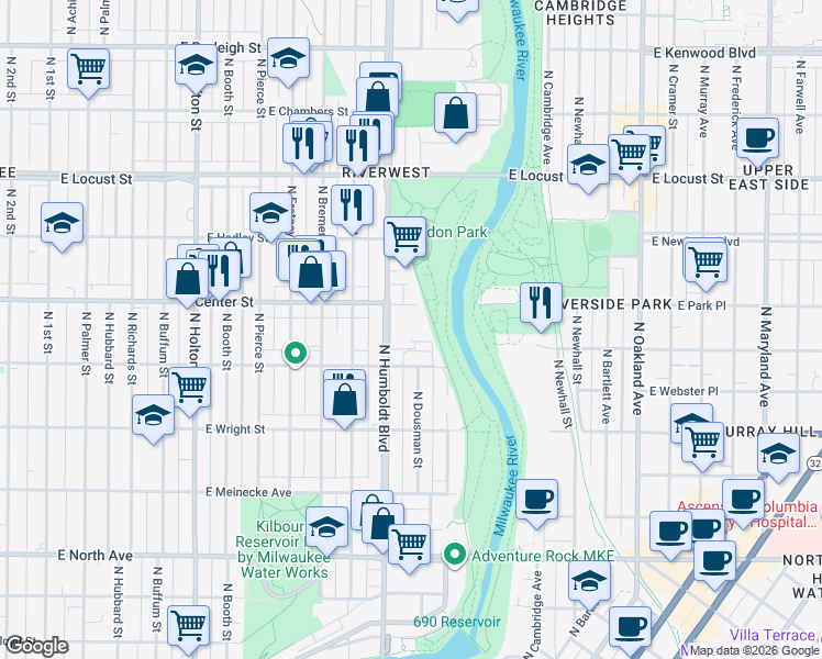 map of restaurants, bars, coffee shops, grocery stores, and more near 2650 North Humboldt Boulevard in Milwaukee