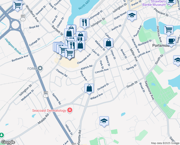 map of restaurants, bars, coffee shops, grocery stores, and more near 795 Middle Street in Portsmouth