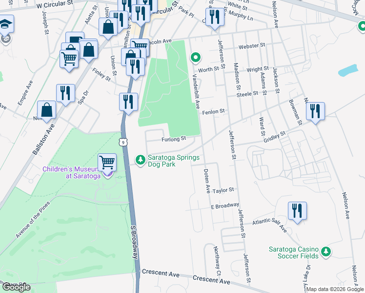 map of restaurants, bars, coffee shops, grocery stores, and more near 38 Horseshoe Drive in Saratoga Springs