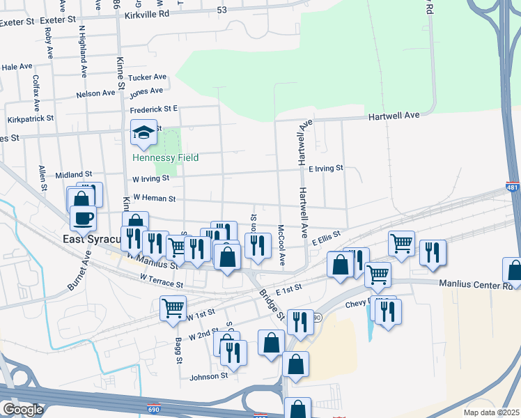 map of restaurants, bars, coffee shops, grocery stores, and more near 208 East Heman Street in East Syracuse
