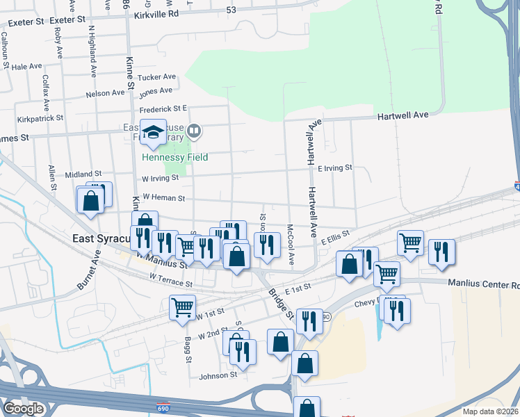 map of restaurants, bars, coffee shops, grocery stores, and more near 112 East Heman Street in East Syracuse
