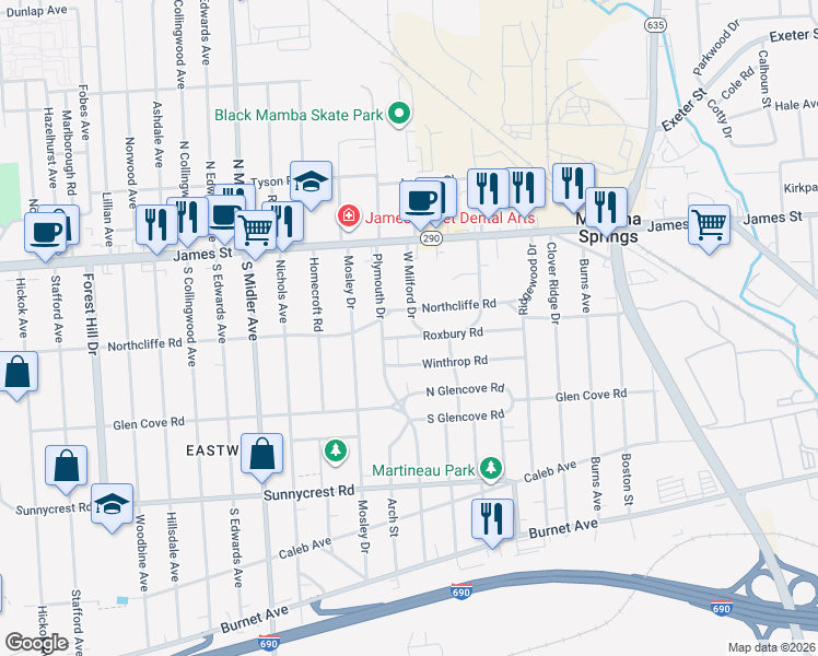 map of restaurants, bars, coffee shops, grocery stores, and more near 213 Plymouth Drive in Syracuse