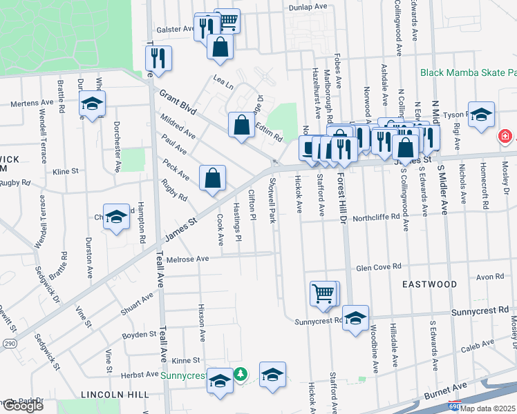 map of restaurants, bars, coffee shops, grocery stores, and more near 140 Shotwell Park in Syracuse
