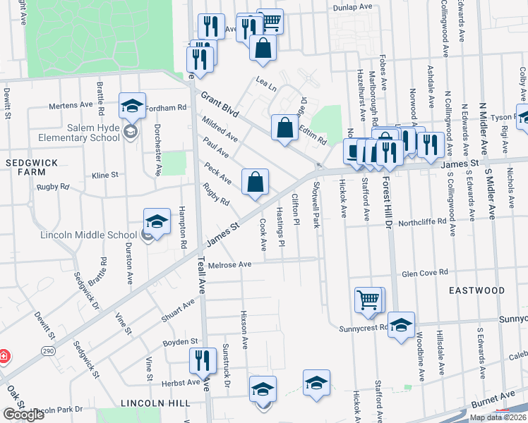 map of restaurants, bars, coffee shops, grocery stores, and more near 1920 James Street in Syracuse