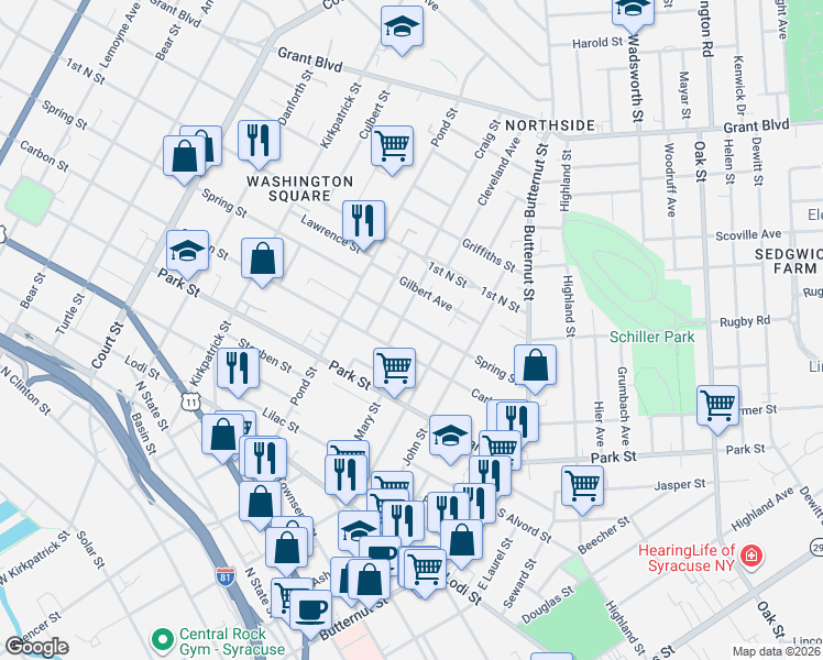 map of restaurants, bars, coffee shops, grocery stores, and more near 307 Spring Street in Syracuse