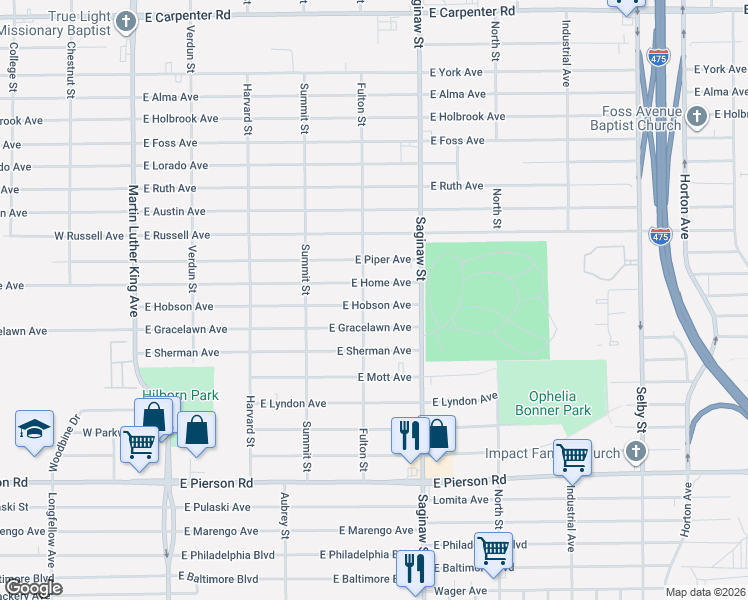 map of restaurants, bars, coffee shops, grocery stores, and more near 626 East Hobson Avenue in Flint