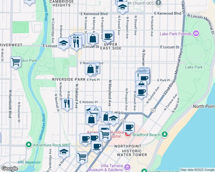 map of restaurants, bars, coffee shops, grocery stores, and more near 2615 North Maryland Avenue in Milwaukee