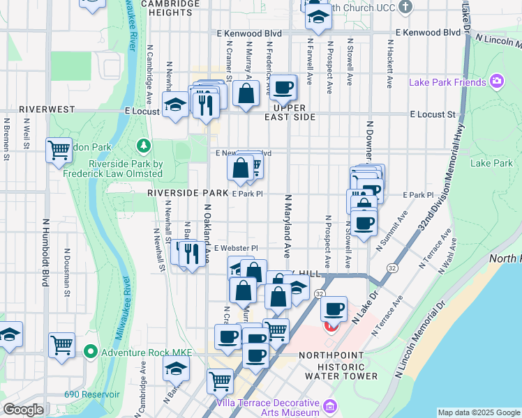 map of restaurants, bars, coffee shops, grocery stores, and more near 2612 North Murray Avenue in Milwaukee
