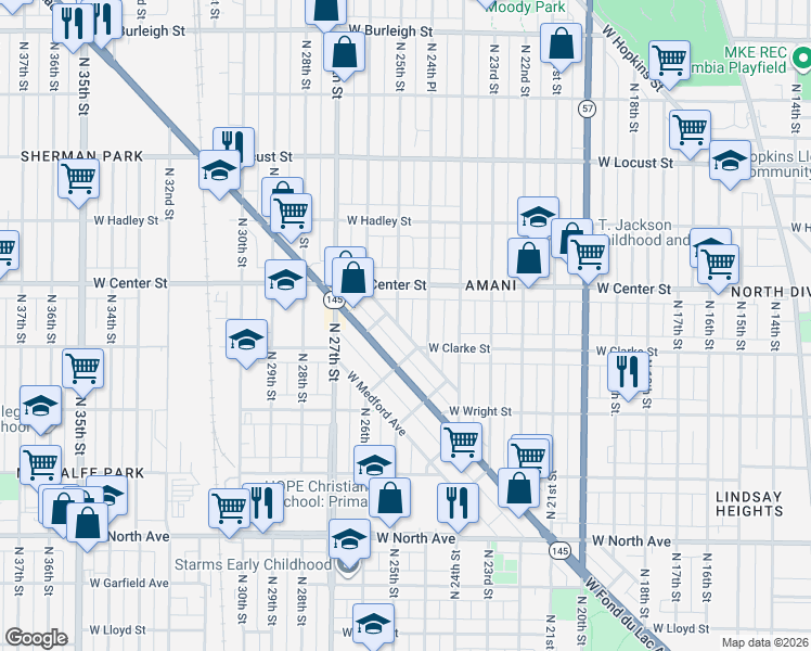 map of restaurants, bars, coffee shops, grocery stores, and more near 2483 West Monroe Street in Milwaukee