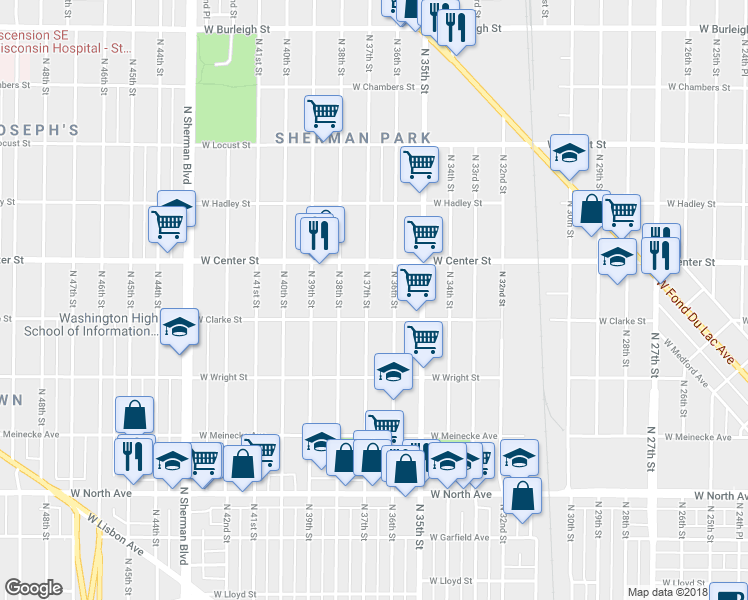 map of restaurants, bars, coffee shops, grocery stores, and more near 2617 North 37th Street in Milwaukee