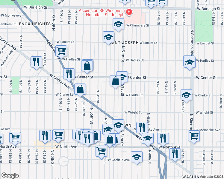 map of restaurants, bars, coffee shops, grocery stores, and more near 2614 North 53rd Street in Milwaukee