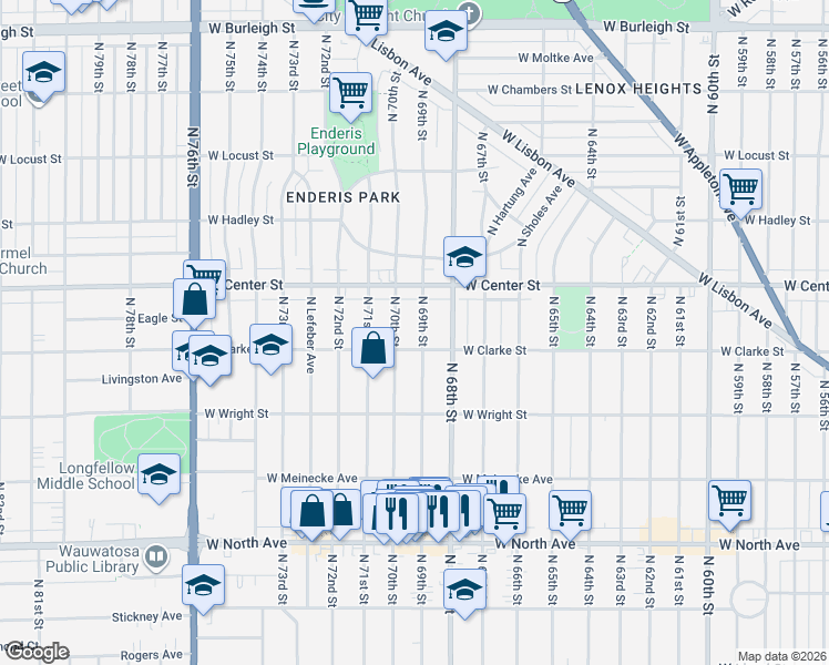 map of restaurants, bars, coffee shops, grocery stores, and more near 2615 North 69th Street in Wauwatosa