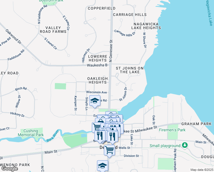 map of restaurants, bars, coffee shops, grocery stores, and more near 1325 North Genesee Street in Delafield