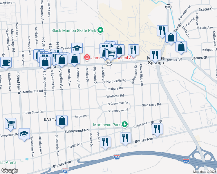 map of restaurants, bars, coffee shops, grocery stores, and more near 223 West Milford Drive in Syracuse