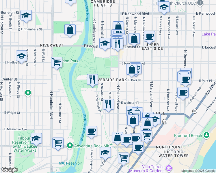 map of restaurants, bars, coffee shops, grocery stores, and more near 2613 North Bartlett Avenue in Milwaukee
