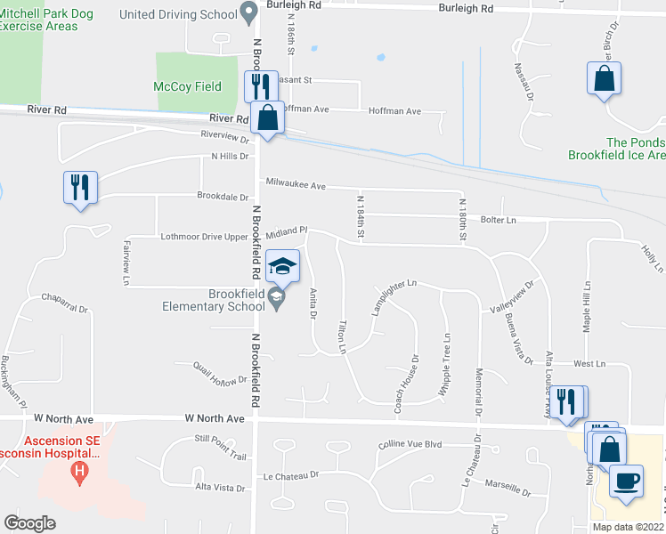 map of restaurants, bars, coffee shops, grocery stores, and more near 2560 Tilton Lane in Brookfield