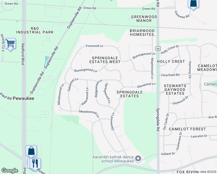 map of restaurants, bars, coffee shops, grocery stores, and more near N26W22338 Birchwood Court in Waukesha
