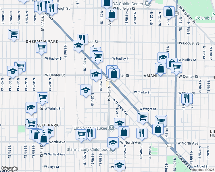 map of restaurants, bars, coffee shops, grocery stores, and more near 2637 North 27th Street in Milwaukee