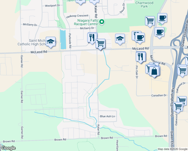 map of restaurants, bars, coffee shops, grocery stores, and more near 7549 Kalar Road in Niagara Falls