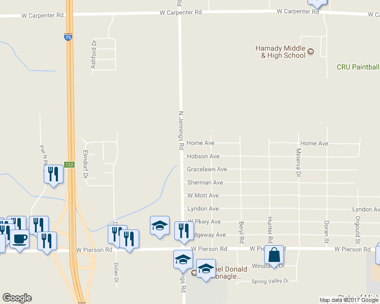 map of restaurants, bars, coffee shops, grocery stores, and more near 3504 Hobson Avenue in Flint