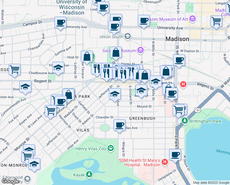 map of restaurants, bars, coffee shops, grocery stores, and more near 1508 Adams Street in Madison