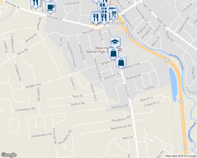 map of restaurants, bars, coffee shops, grocery stores, and more near 70 Hartford Terrace in New Hartford