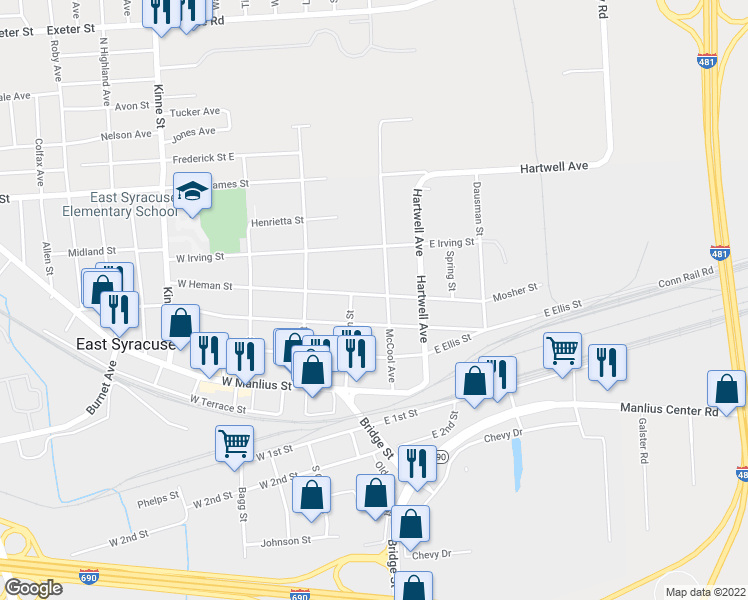 map of restaurants, bars, coffee shops, grocery stores, and more near 208 East Heman Street in East Syracuse
