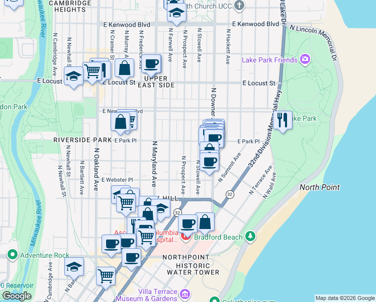 map of restaurants, bars, coffee shops, grocery stores, and more near 2628 North Prospect Avenue in Milwaukee